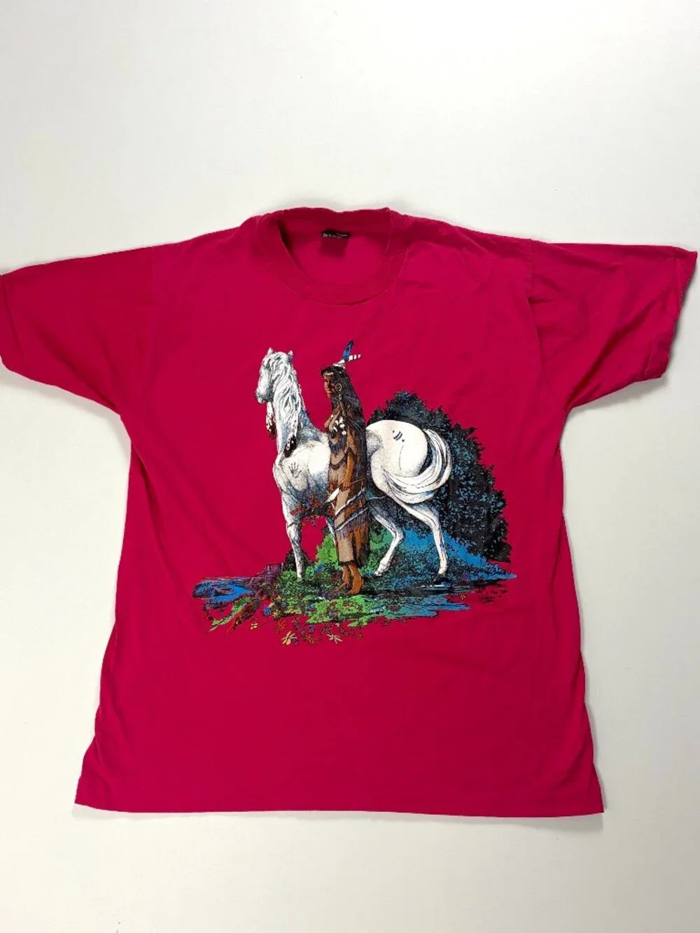 Vintage Native American T Shirt Pink Sz M/L Best Fruit Of The Loom Horse 90s